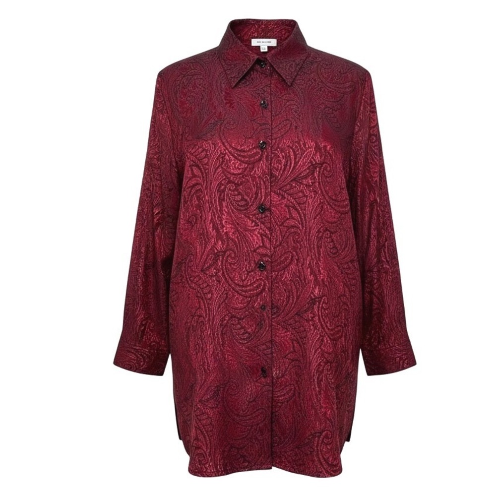 Allison Daley Red Paisley Jacquard Button Down Shirt 16 Metallic Luster Top